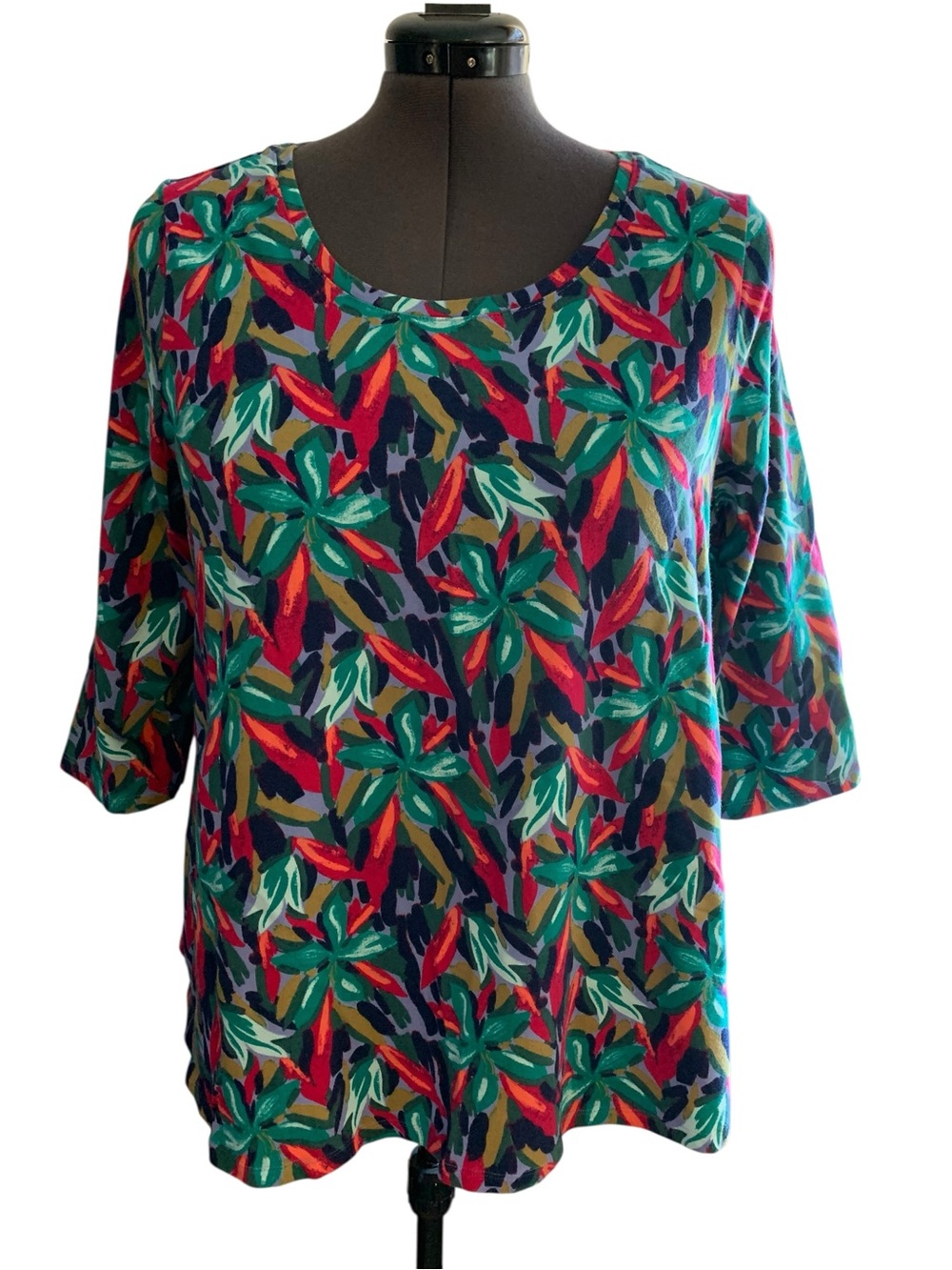 Denim & Co Tunic Top Floral 3/4 Sleeve Round Neck Size 2X
